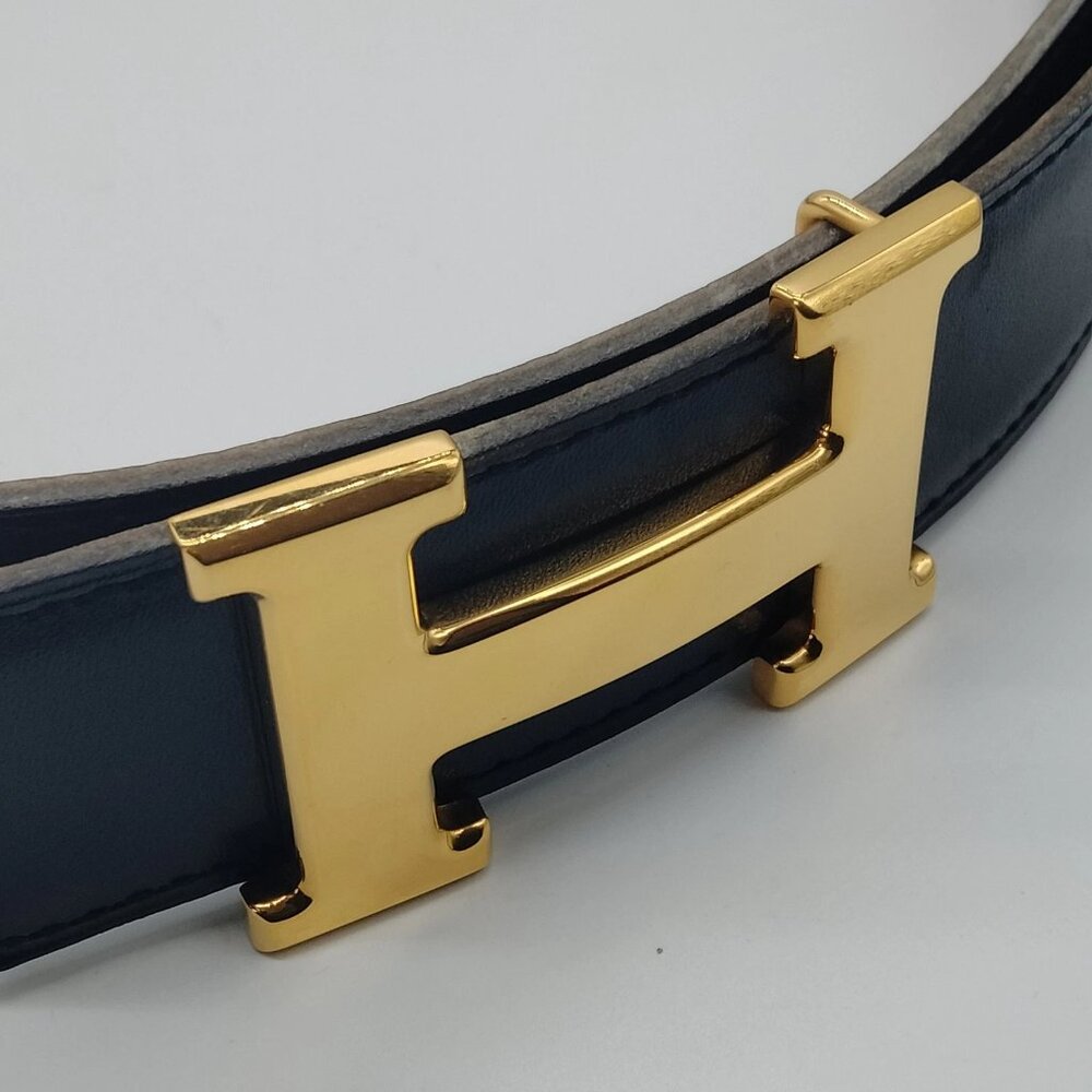 Authentic Hermès H Buckle Reversible Leather Belt Black Brown Gold - Picture 5 of 10